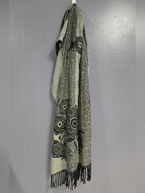 Black & Gray Floral Fringe Scarf Shawl